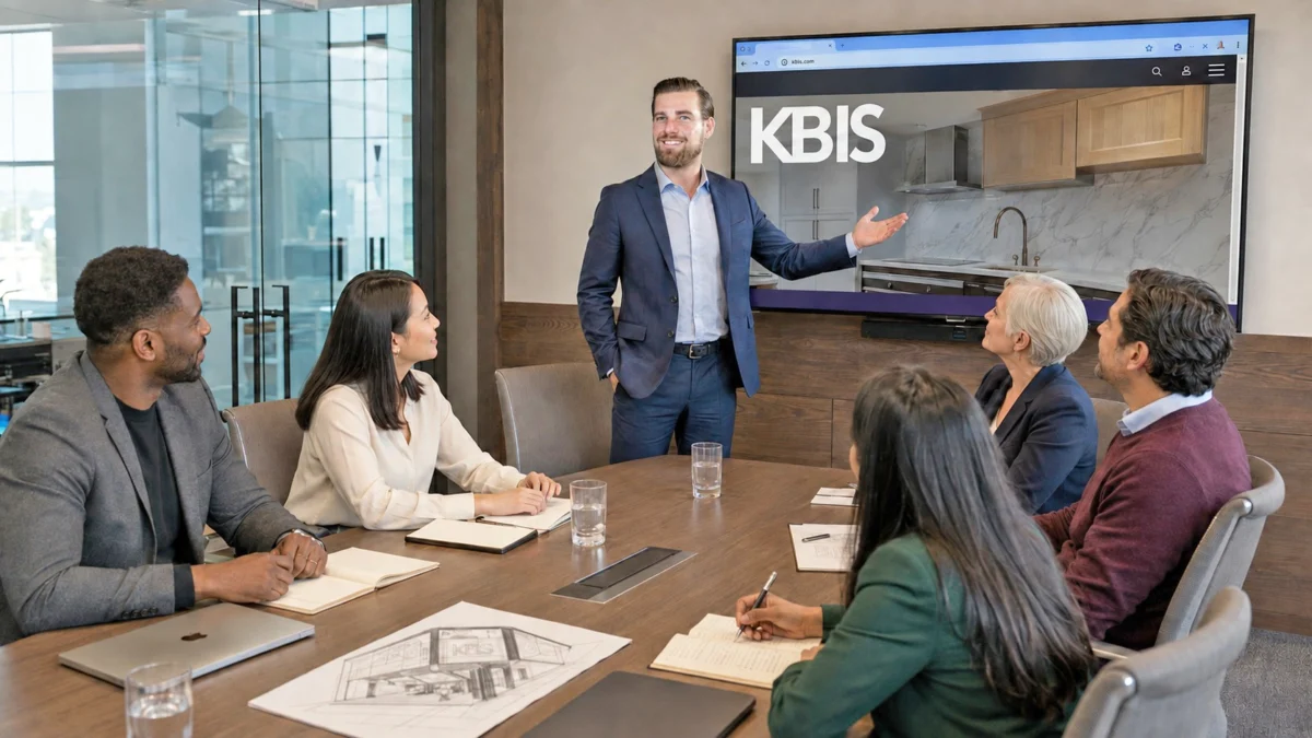Joey Bartman presents a KBIS exhibit concept during a client meeting