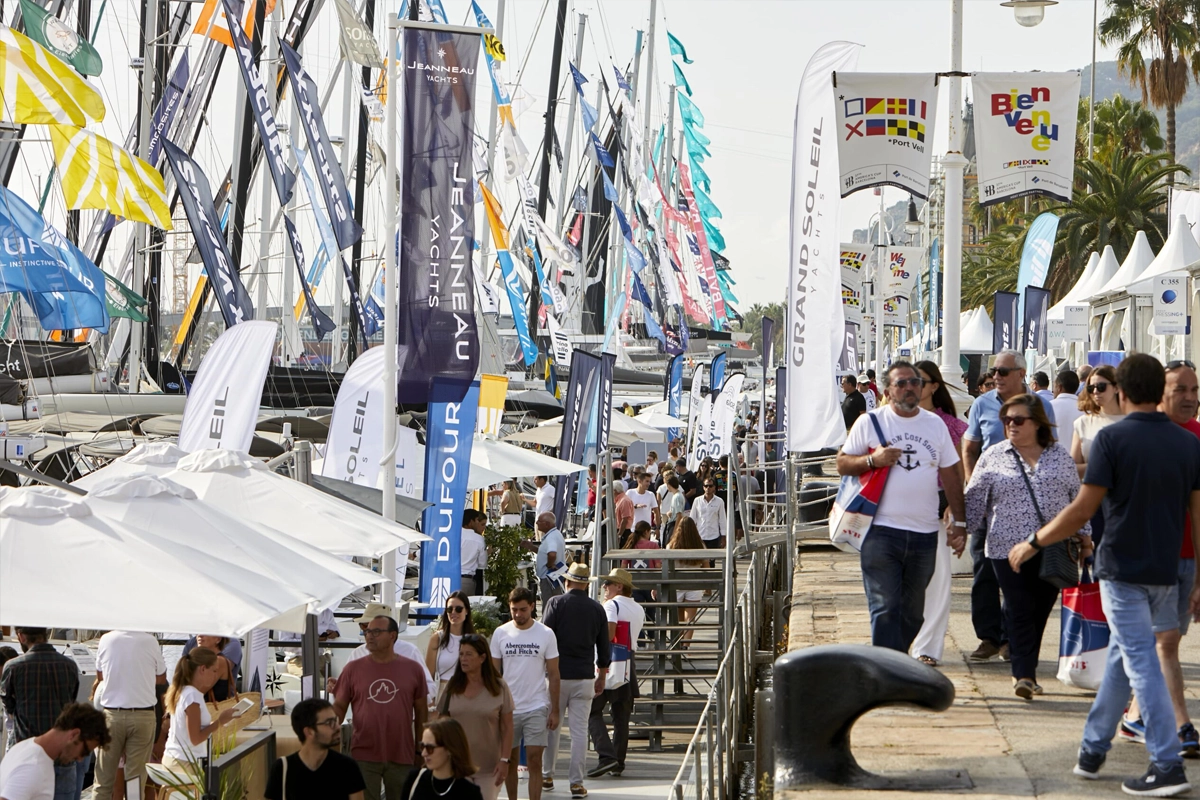 Visitors explore boats and marine exhibits at the Barcelona International Boat Show