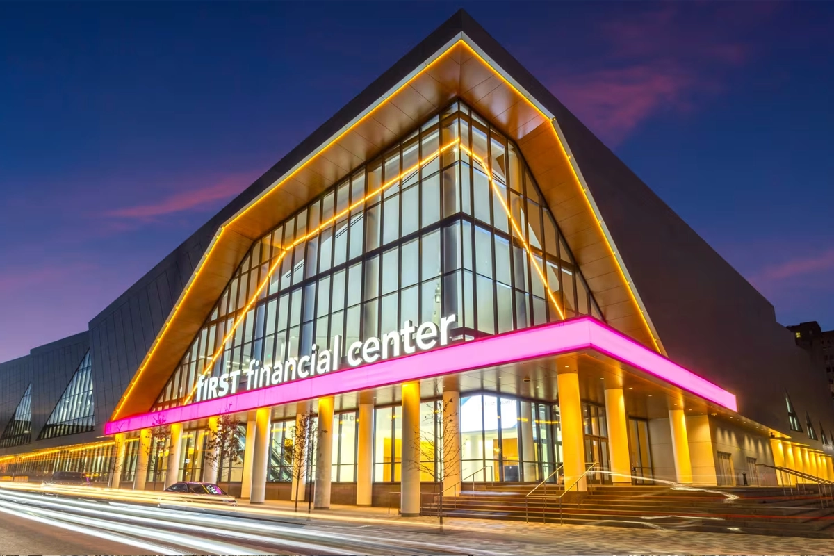 First Financial Center exterior illuminated at night in Cincinnati