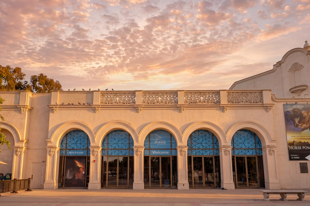 Exterior of the Fleet Science Center in San Diego’s Balboa Park at sunset