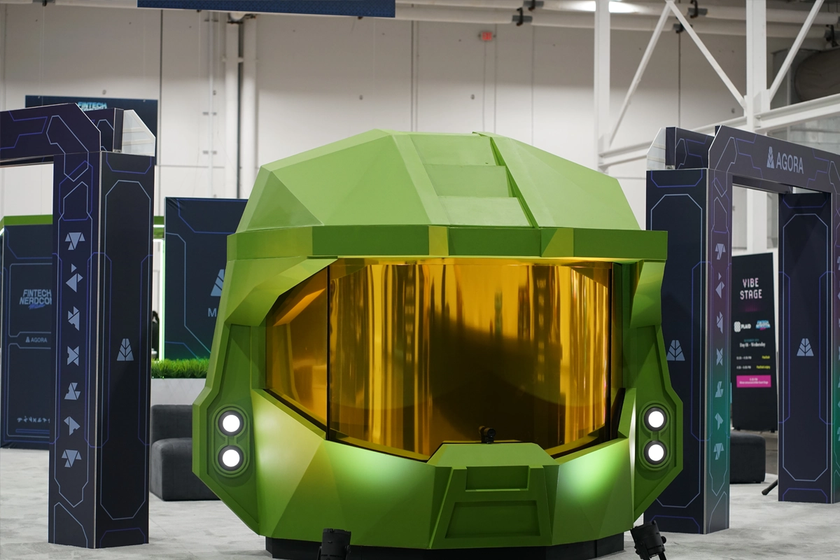 Eight-foot interactive Halo helmet sculpture created by Hussain Yunnaz