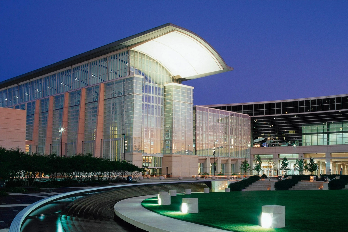 McCormick Place convention center illuminated at dusk in Chicago