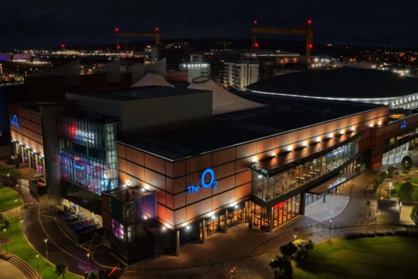 The O2 Belfast exterior illuminated at night