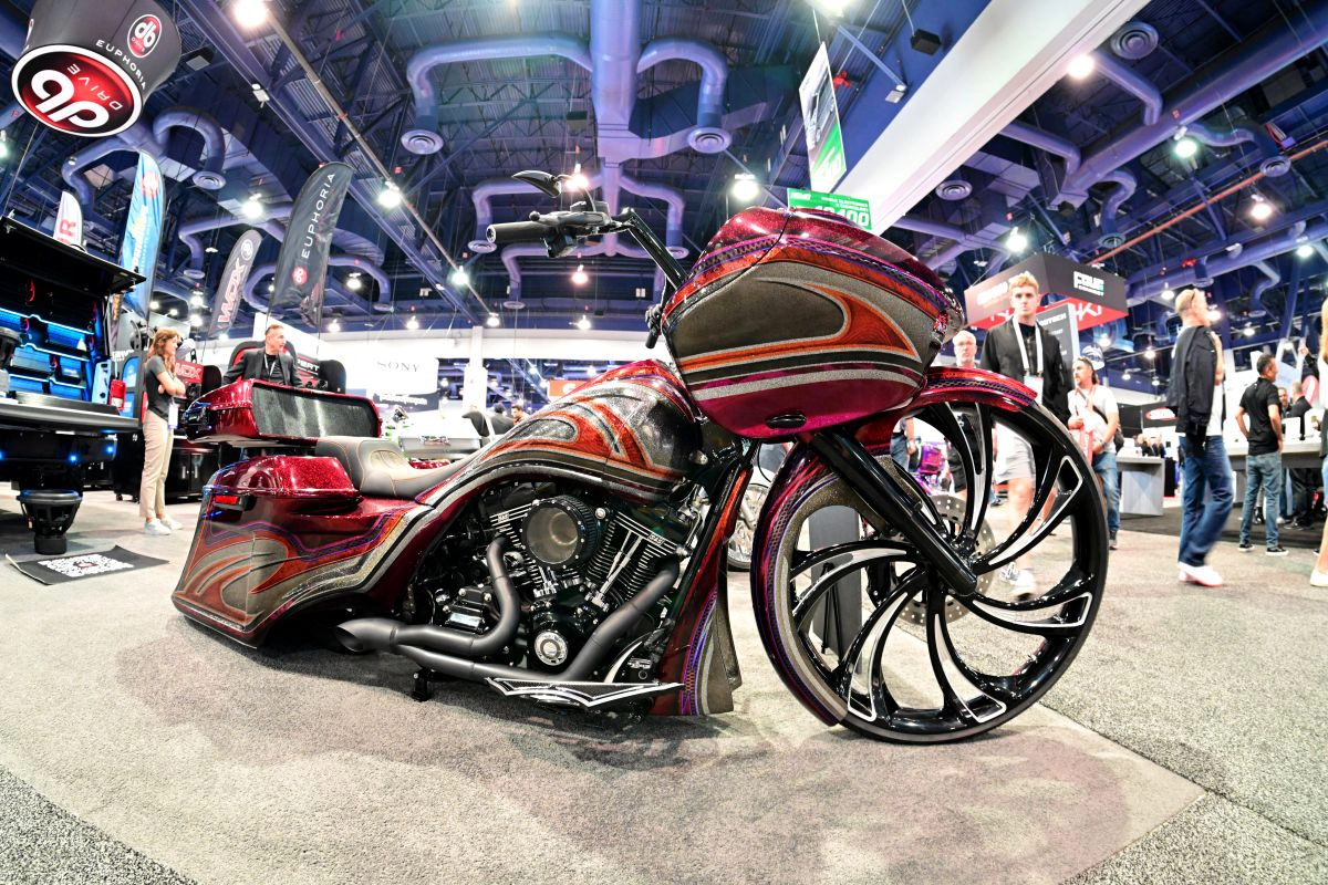 Custom motorcycle displayed on the SEMA Show floor in Las Vegas