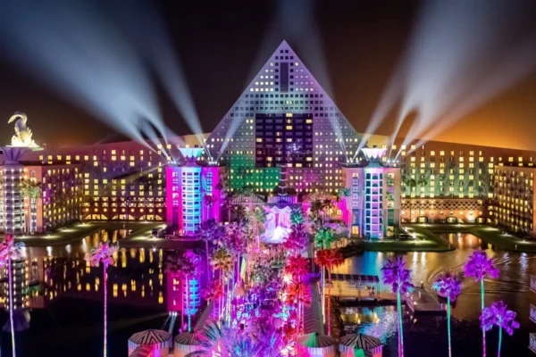 Walt Disney World Swan and Dolphin Resort illuminated at night in Orlando