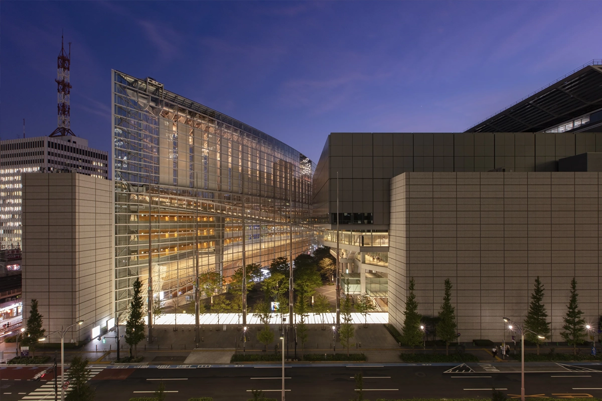 Tokyo International Forum exterior at dusk in Tokyo