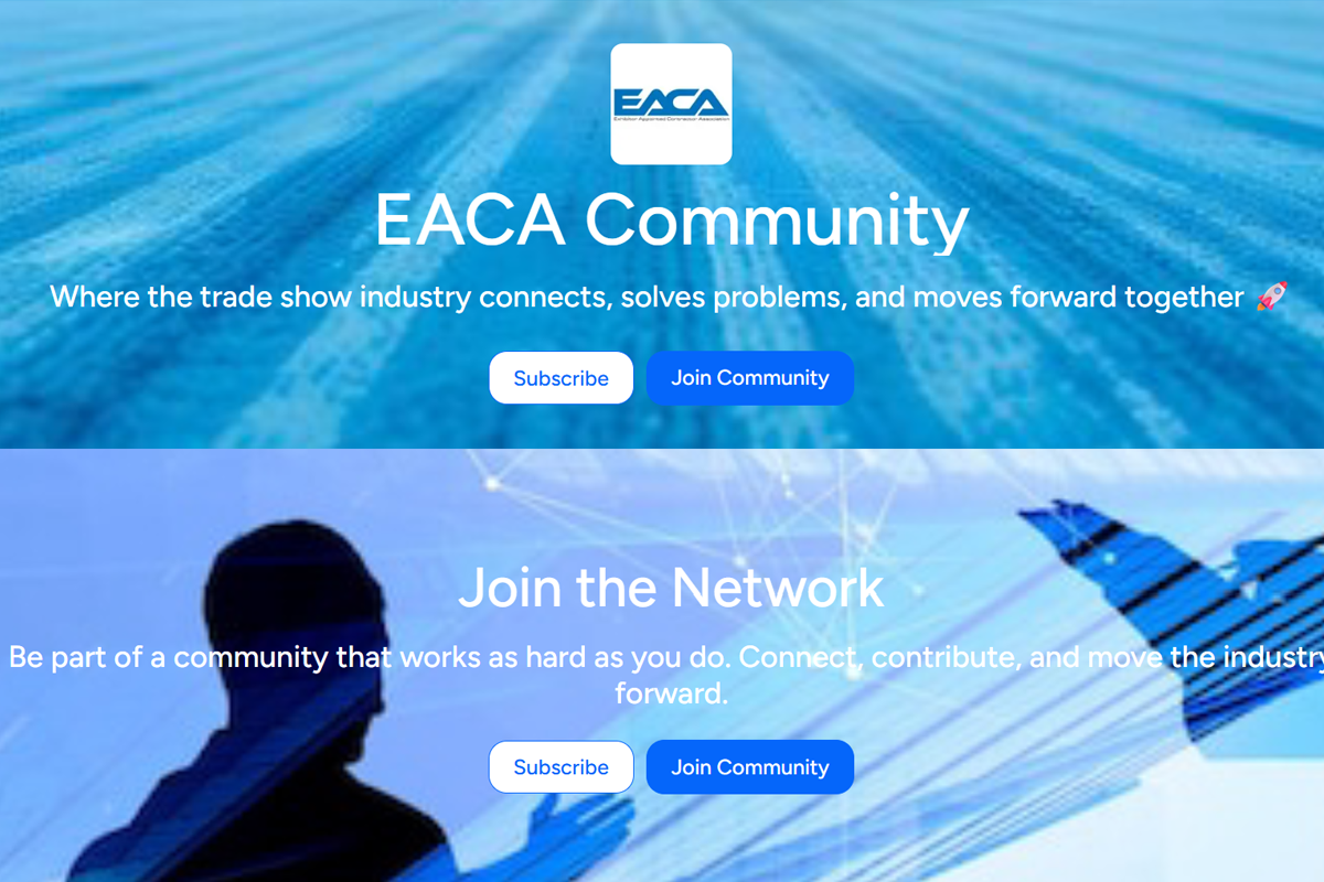 EACA Community webpage with “Join the Network” messaging and Subscribe and Join Community buttons.