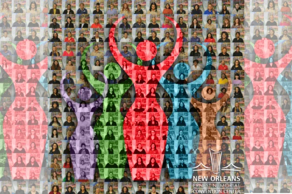 Collage of women’s portraits overlaid with colorful figures and the New Orleans Ernest N. Morial Convention Center logo.