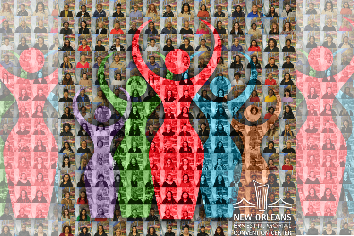 Collage of women’s portraits overlaid with colorful figures and the New Orleans Ernest N. Morial Convention Center logo.