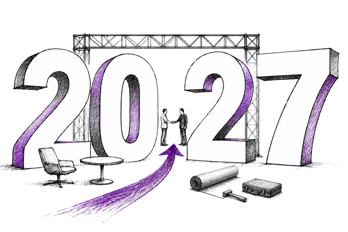 Illustration of two people shaking hands between large 2027 numerals