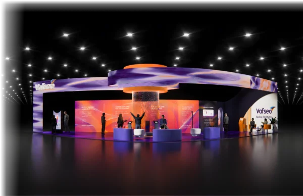 Rendering of Maya Peters’ Vafseo exhibit with curved overhead displays and an illuminated central structure