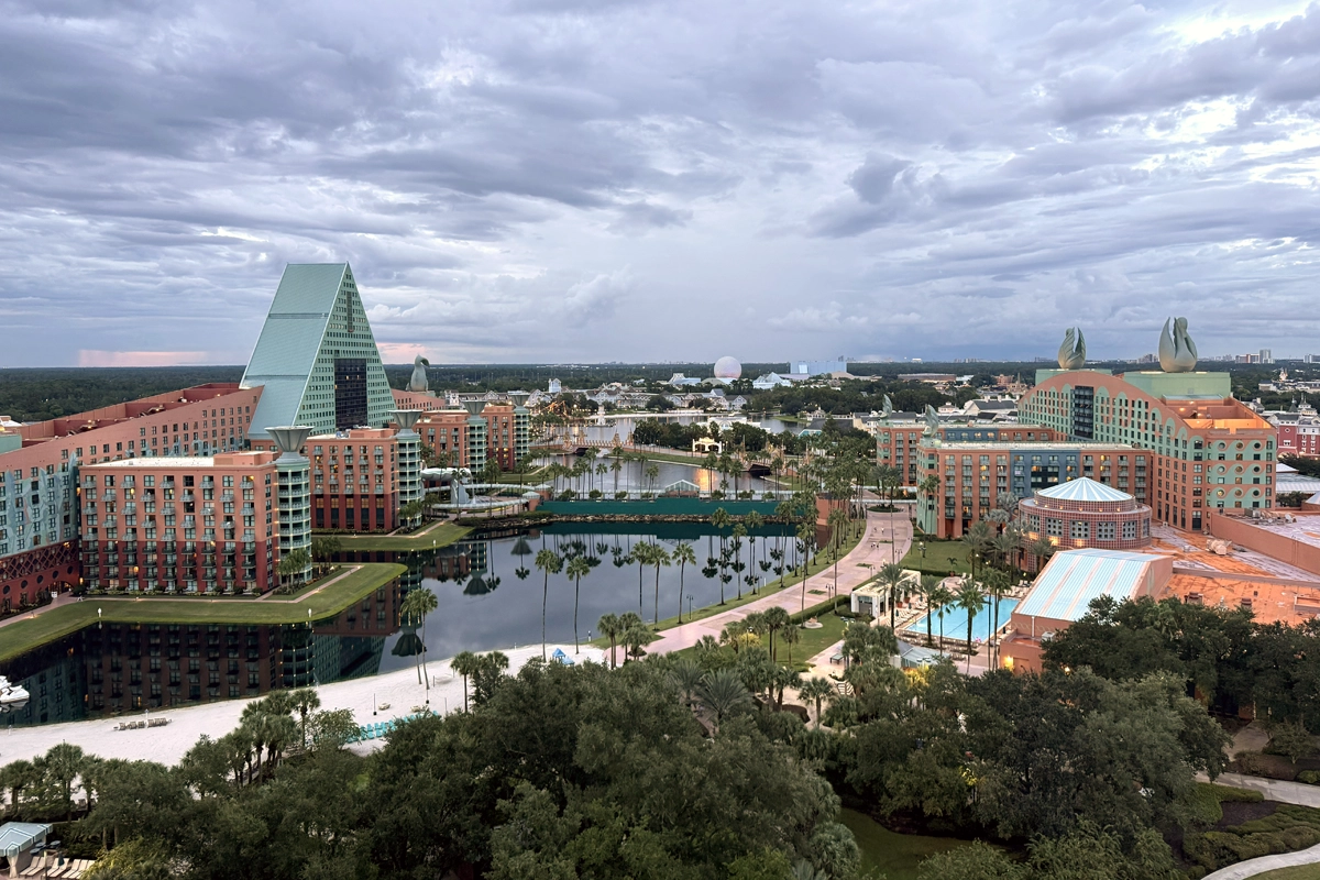 View across the Walt Disney World Swan and Dolphin complex from the Swan Reserve with EPCOT in the distance
