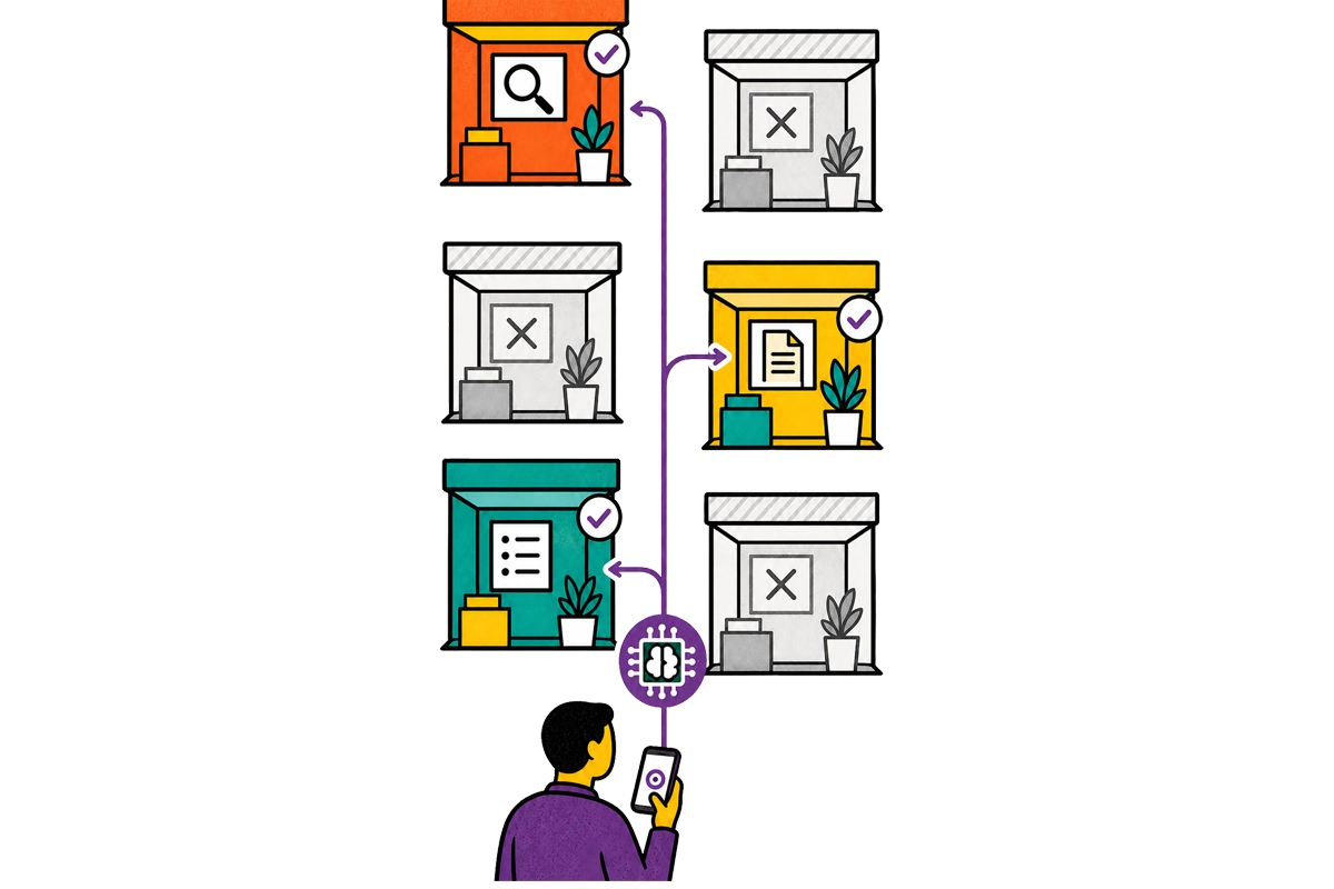 Illustration of an attendee using AI to select three booths from six exhibits