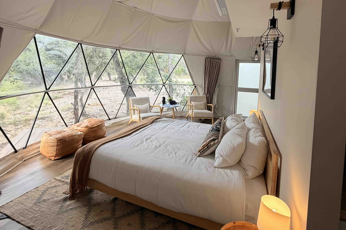 Furnished yurt with a bed, chairs, and large windows overlooking trees