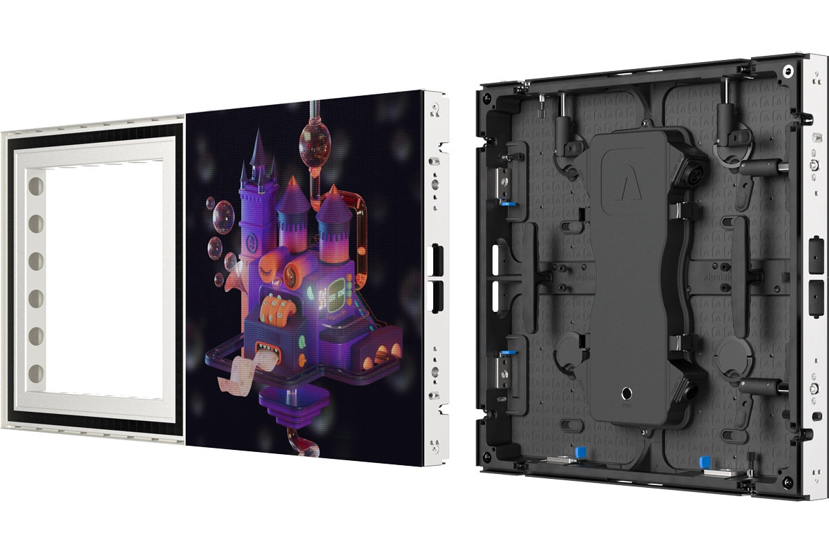 Product rendering showing the frame, front, and back of an Aluvision Hi-LED pro tile