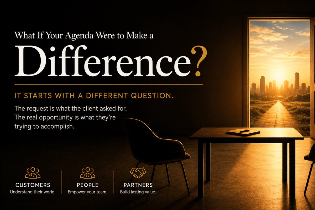 Business Beacon artwork asks, “What If Your Agenda Were to Make a Difference?” beside a meeting table and an open doorway at sunset.