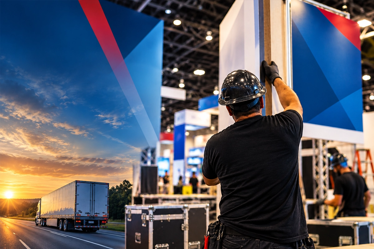 Truck on a highway beside workers installing a tradeshow exhibit