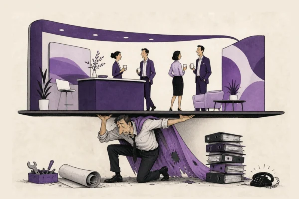 Illustration of a weary worker holding up a tradeshow exhibit while four people talk above him