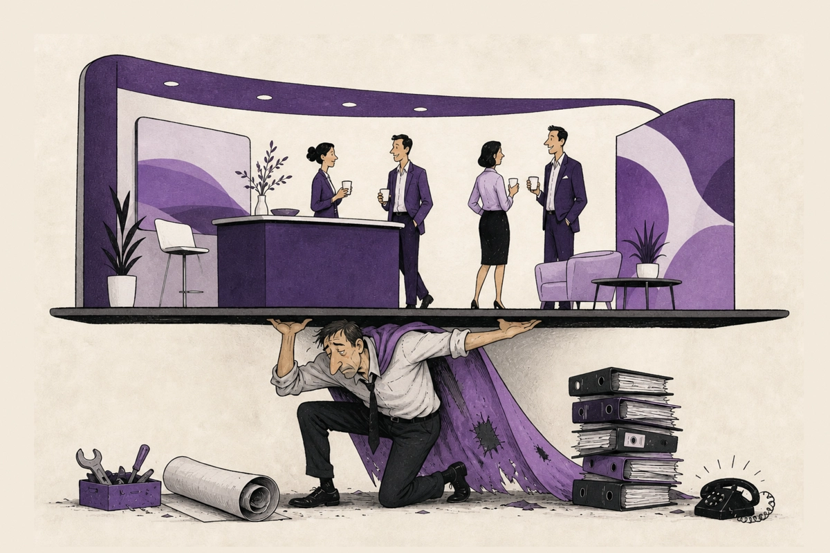 Illustration of a weary worker holding up a tradeshow exhibit while four people talk above him