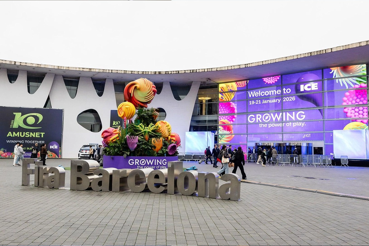 ICE 2026 entrance at Fira Barcelona with attendees arriving