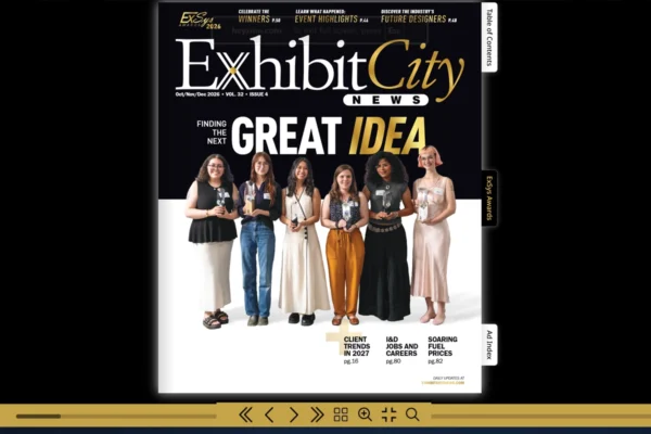 Exhibit City News digital edition showing the Oct./Nov./Dec. 2026 cover, section tabs, and reading controls