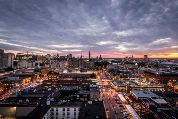 Ottawa skyline at sunset with downtown buildings and city streets