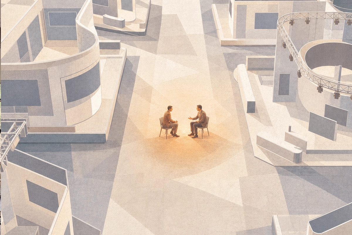 Illustration of two people talking in an otherwise empty exhibit hall