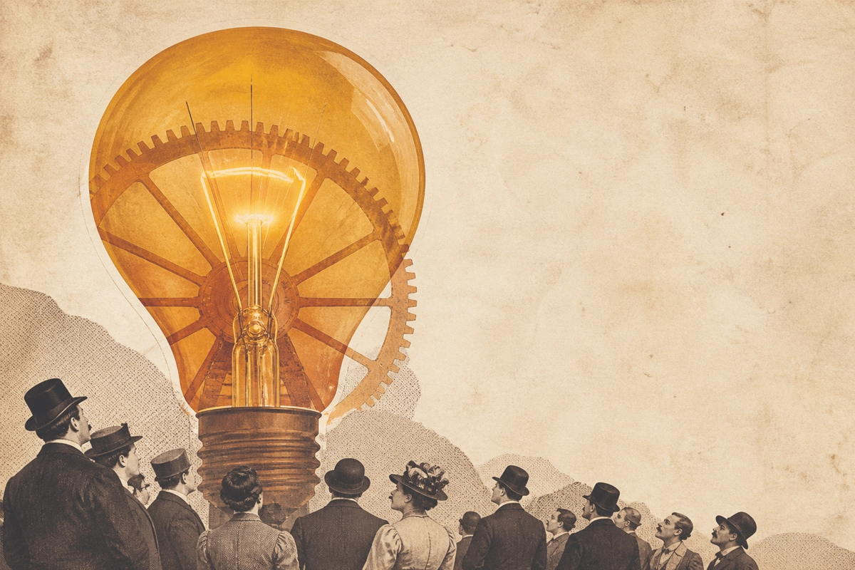 Illustration of a crowd in period clothing looking up at a glowing light bulb with a gear inside