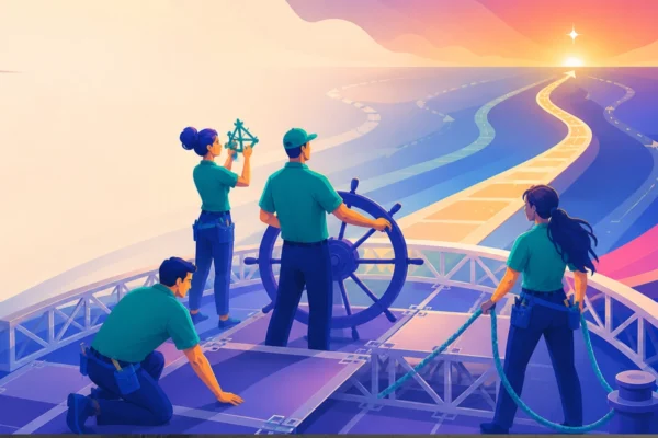 Illustration of a crew steering a ship toward a bright horizon along several possible routes.
