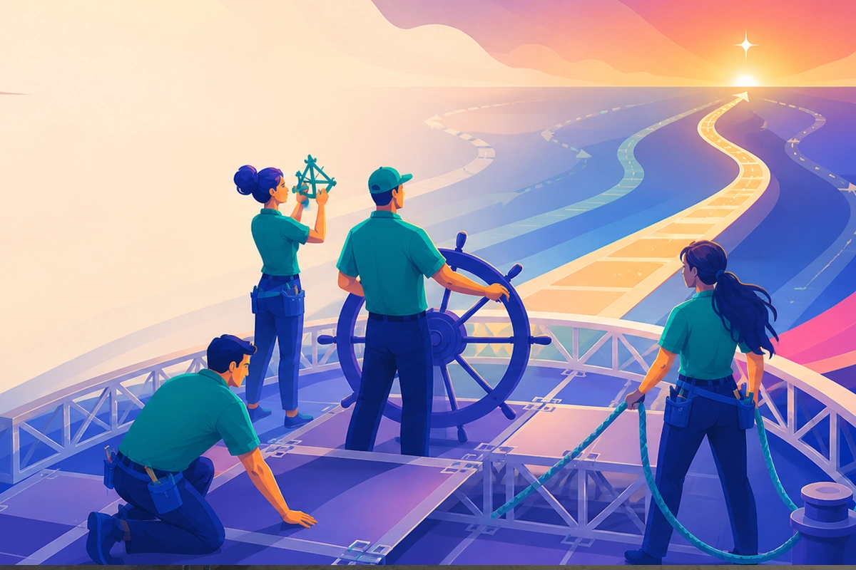 Illustration of a crew steering a ship toward a bright horizon along several possible routes.