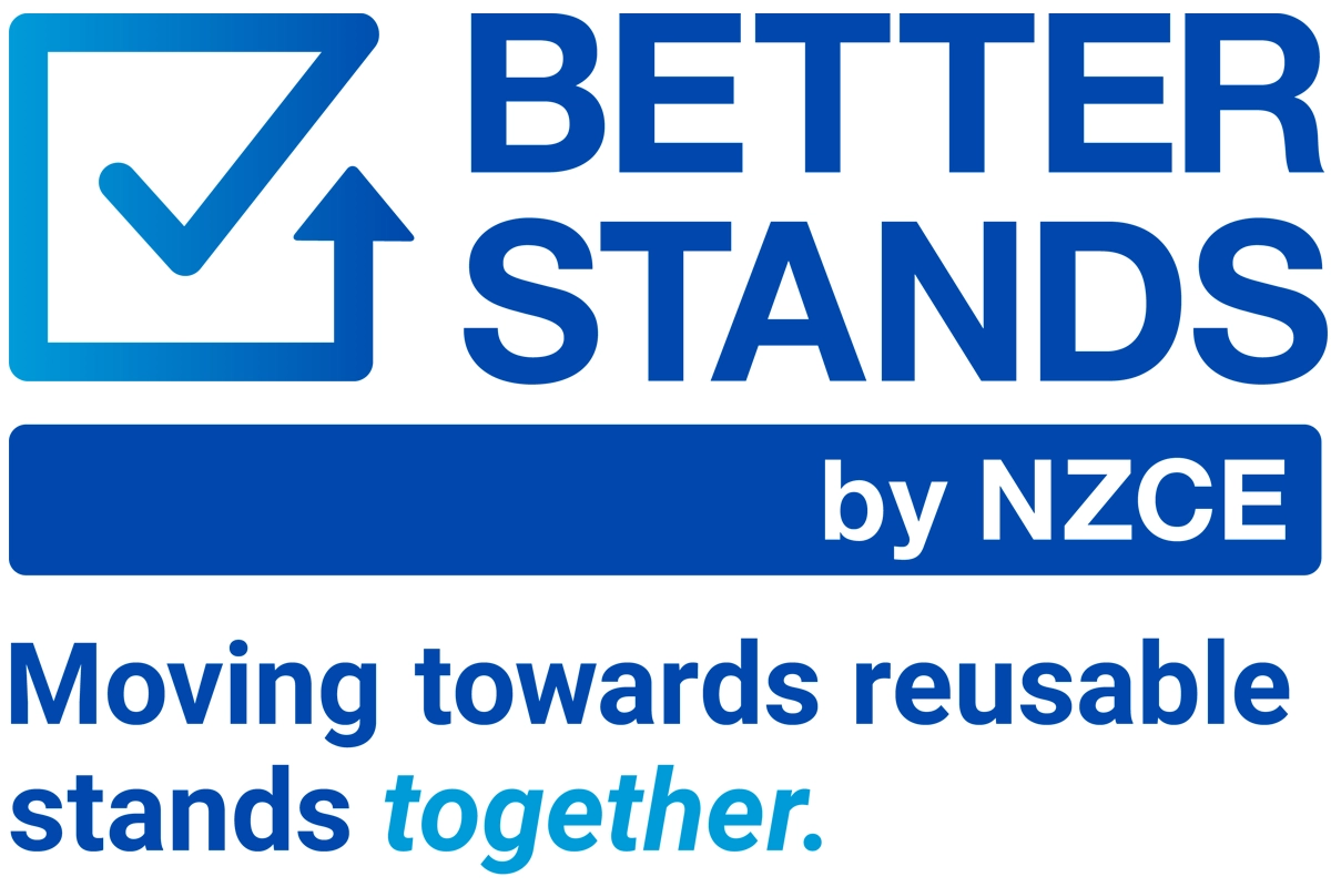 Better Stands by Net Zero Carbon Events logo with the words “Moving towards reusable stands together”