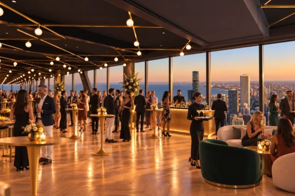 Architectural rendering of ELEVAIRE CHICAGO showing guests at a private reception with cocktail tables, lounge seating, and panoramic views of Chicago and Lake Michigan.