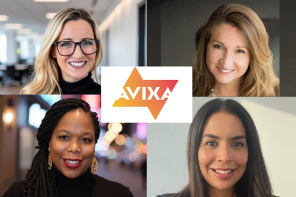 Portraits of Lisa Staszewski, Jody Larsen, Keisha Wooten-Smith and Vanessa Sayen surrounding the AVIXA logo.