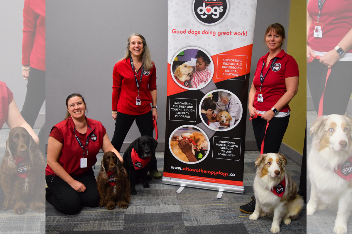 Three Ottawa Therapy Dogs handlers in red shirts pose with their dogs beside an organization banner.