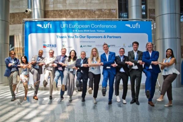 UFI European Conference 2026 attendees pose together in front of a conference banner in Izmir, Türkiye, during the June 3-5 event.