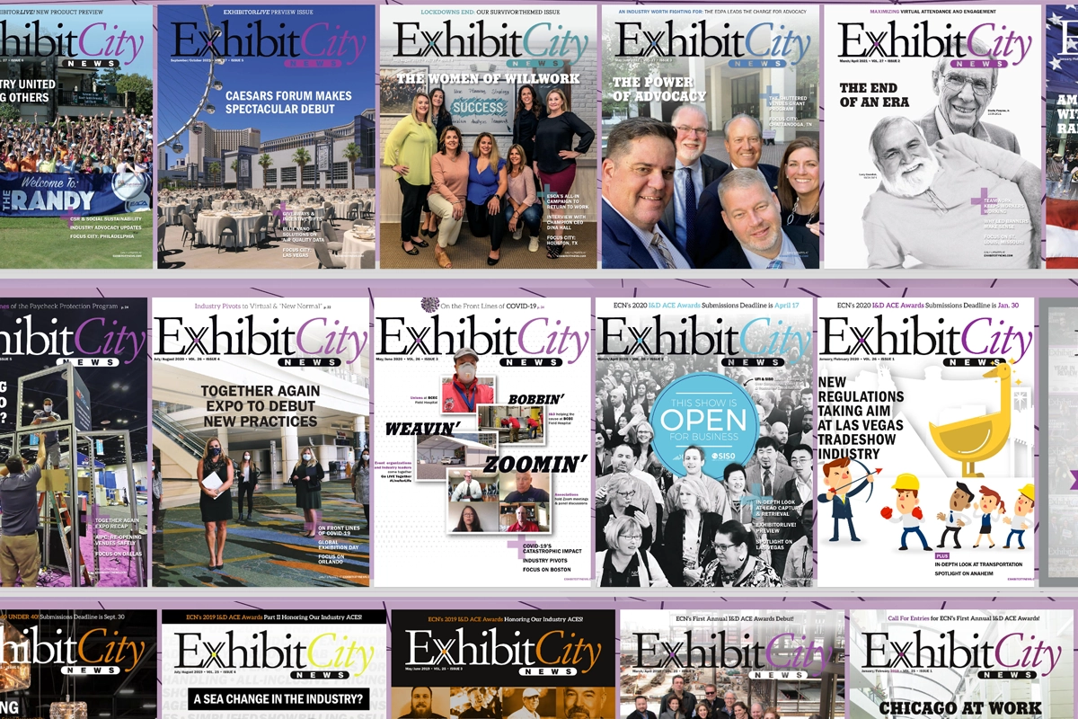ECN magazine archive displaying a collection of Exhibit City News covers documenting tradeshow industry history, events, and people.
