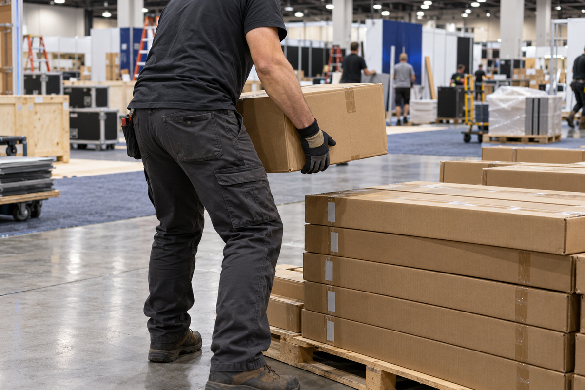 Illustration of a worker carrying a cardboard box beside stacked pallets during tradeshow setup.