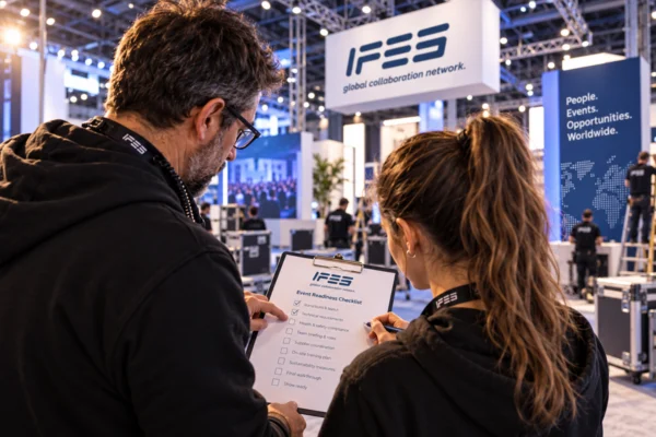 Illustration of two event professionals reviewing a checklist on a tradeshow floor beneath IFES signage.