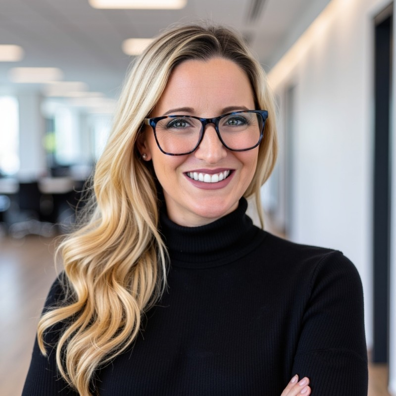Lisa Staszewski smiles in an office portrait wearing glasses and a black turtleneck.