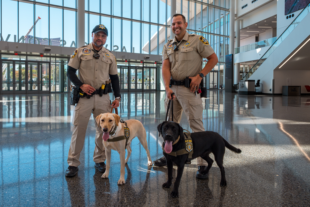 Two uniformed K-9 officers pose with yellow Labrador Olaf and black Labrador Mufasa inside the Las Vegas Convention Center.