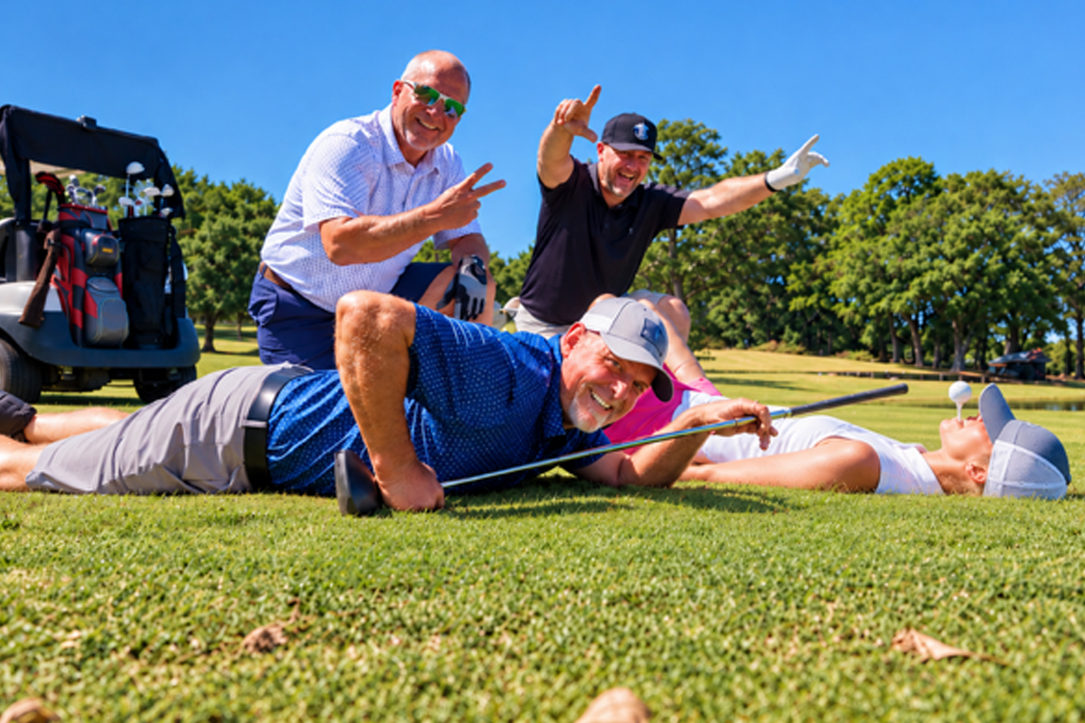 Golfers strike playful poses on the grass beside a golf cart at the Randy Smith Memorial Golf Classic.