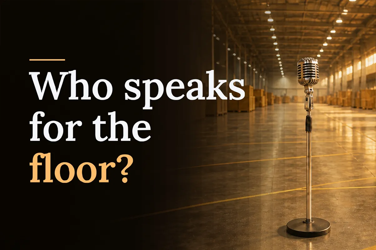 Editorial graphic about show ownership changes featuring the words "Who speaks for the floor?" beside a vintage microphone in an empty exhibition hall.